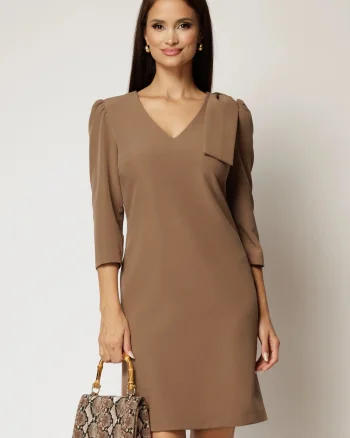 Rochie DY Fashion bej cu decolteu V si funda pe umar
