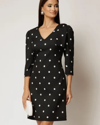 Rochie DY Fashion neagra cu buline cu decolteu V si funda pe umar