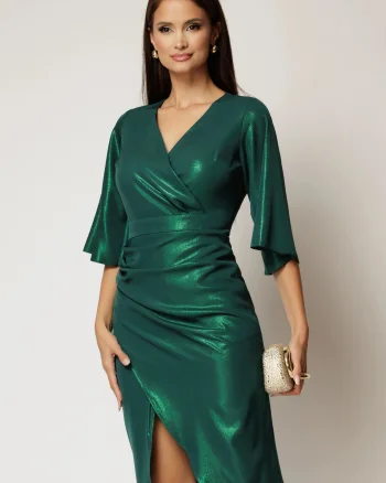 Rochie Lenna verde din voal plin peliculizat cu maneci ample