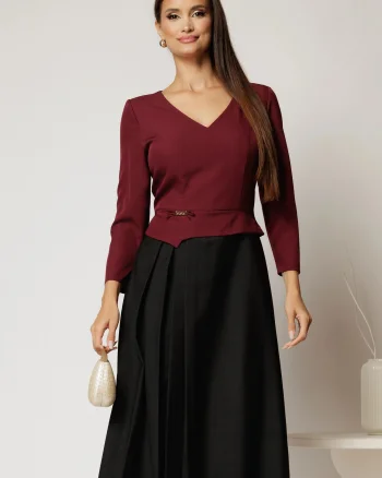 Rochie midi de zi neagra cu bust bordo cu adaos de lana si viscoza