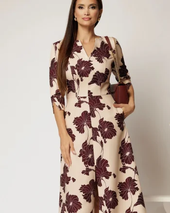 Rochie bej cu imprimeu floral grena