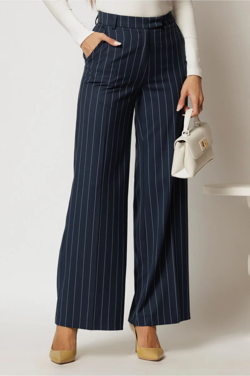 Pantaloni DY Fashion lungi bleumarin cu dungi din stofa si croi lejer