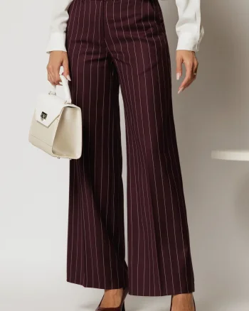 Pantaloni DY Fashion lungi bordo cu dungi din stofa si croi lejer