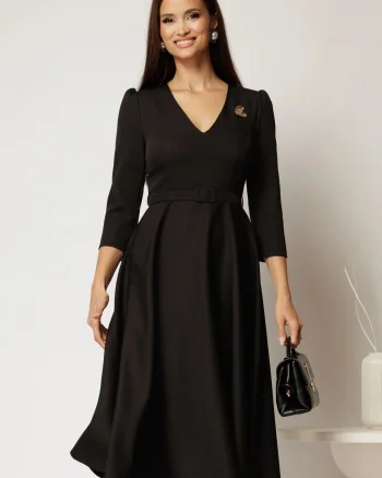 Rochie DY Fashion neagra clos cu decolteu V si curea in talie