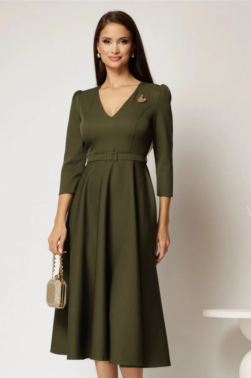 Rochie DY Fashion kaki clos cu decolteu V si curea in talie