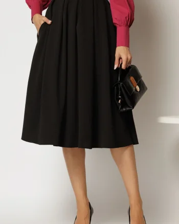 Fusta DY Fashion midi neagra din crep cu pliuri si curea in talie