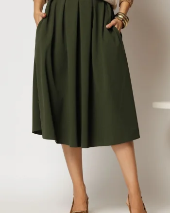 Fusta DY Fashion midi kaki din crep cu pliuri si curea in talie