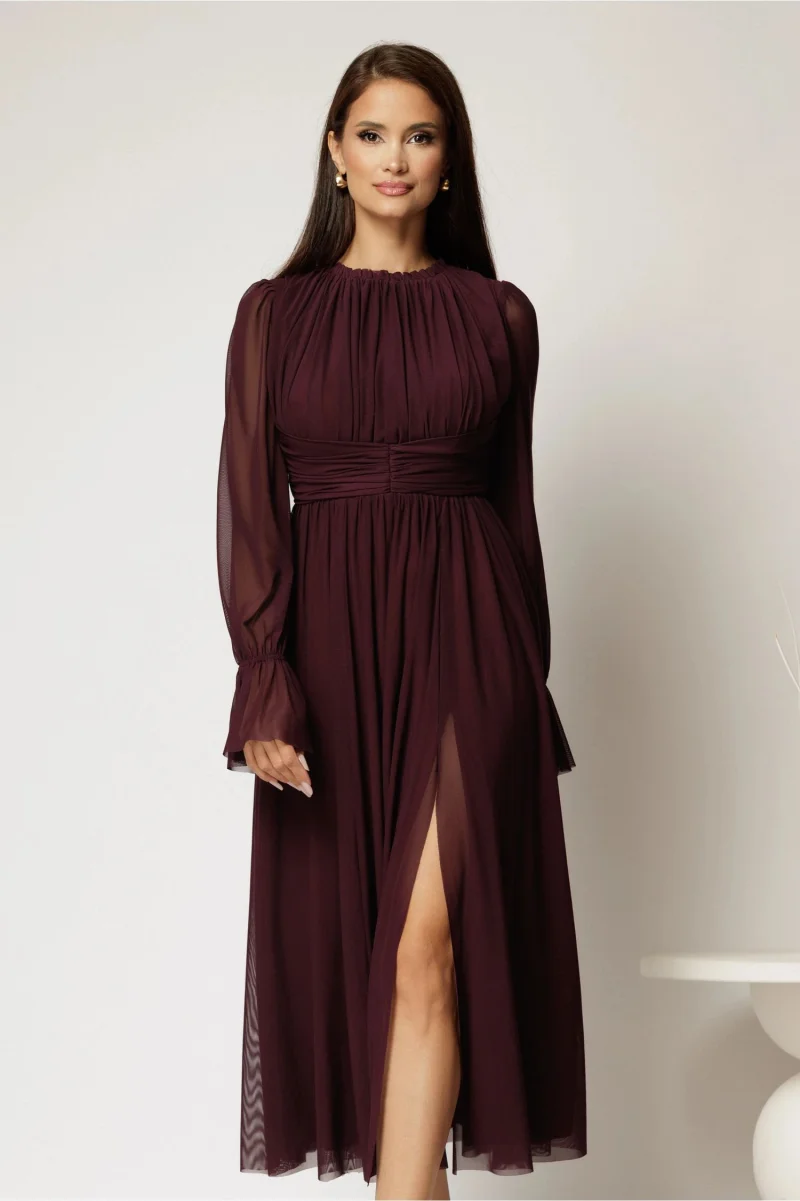 Rochie DY Fashion midi mov pruna din tulle fin in clos cu crapatura pe picior
