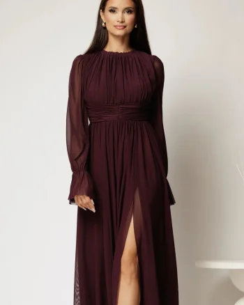 Rochie DY Fashion midi mov pruna din tulle fin in clos cu crapatura pe picior