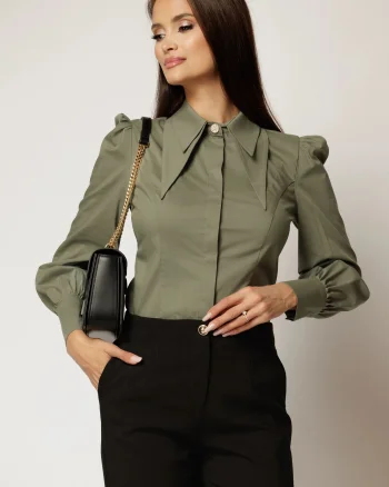 Camasa DY Fashion kaki din poplin cu guler dublu si croi cambrat
