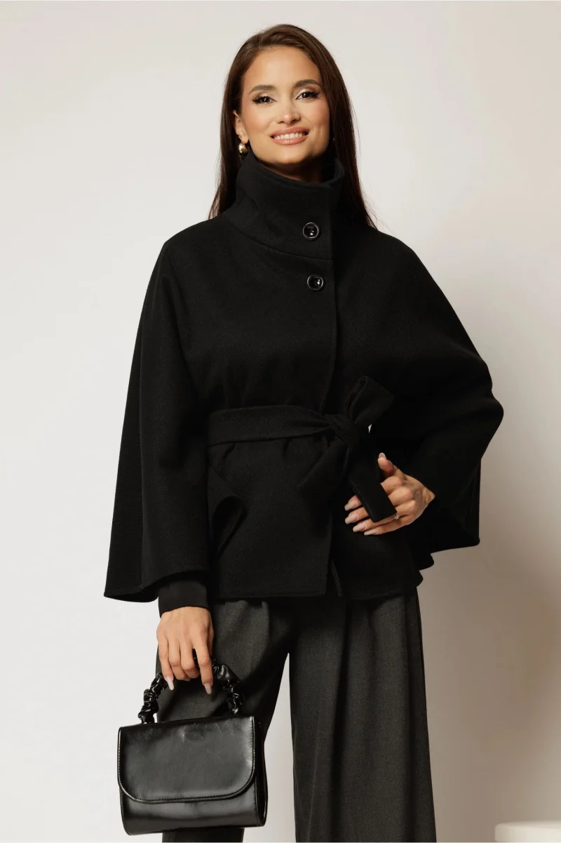Capa scurta neagra din stofa cu cordon in talie