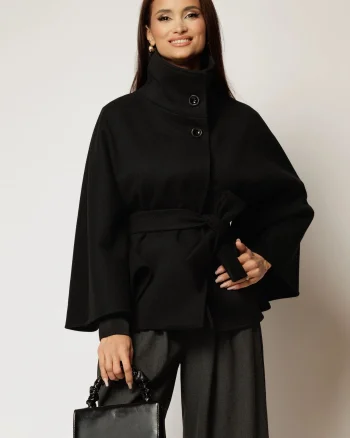 Capa scurta neagra din stofa cu cordon in talie