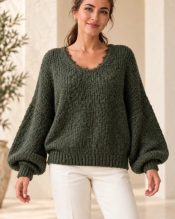 Pulover pufos verde kaki, oversize cu dantela la decolteu in V si maneci bufante