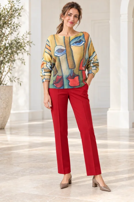Bluza tricotaj subtire cu imprimeu cubist pe fond galben mustar
