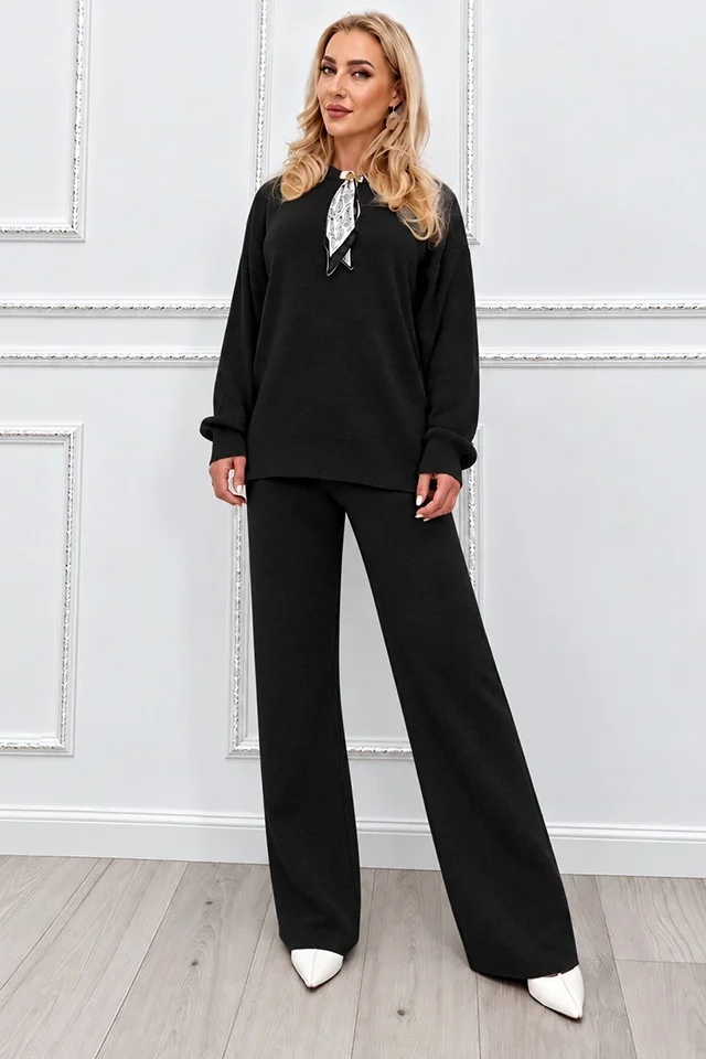 Compleu dama MELIA tricotat, cu esarfa detasabila si pantaloni largi, Negru, Marime universala S/M/L