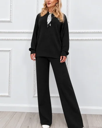 Compleu dama MELIA tricotat, cu esarfa detasabila si pantaloni largi, Negru, Marime universala S/M/L
