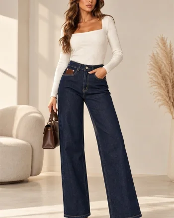 Blugi dama DENORIA wide leg, cu talie inalta si croi larg, Albastru inchis