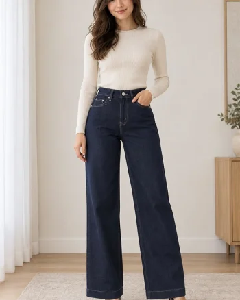 Blugi dama LYSENIA wide leg, cu talie inalta si croi larg, Albastru inchis
