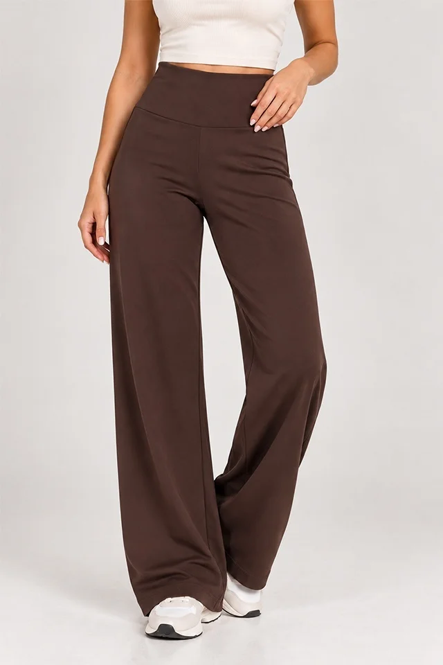 Pantaloni dama lycra OISO cu talie inalta, croi larg si banda lata, Maro