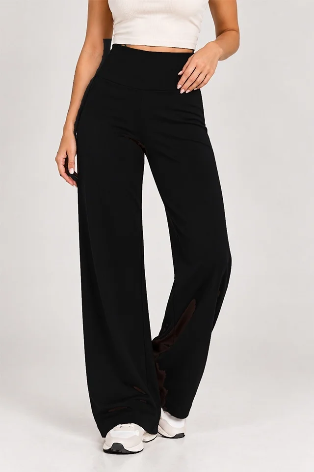 Pantaloni dama lycra OISO cu talie inalta, croi larg si banda lata, Negru