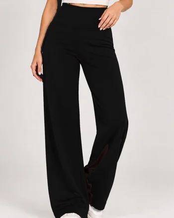 Pantaloni dama lycra OISO cu talie inalta, croi larg si banda lata, Negru