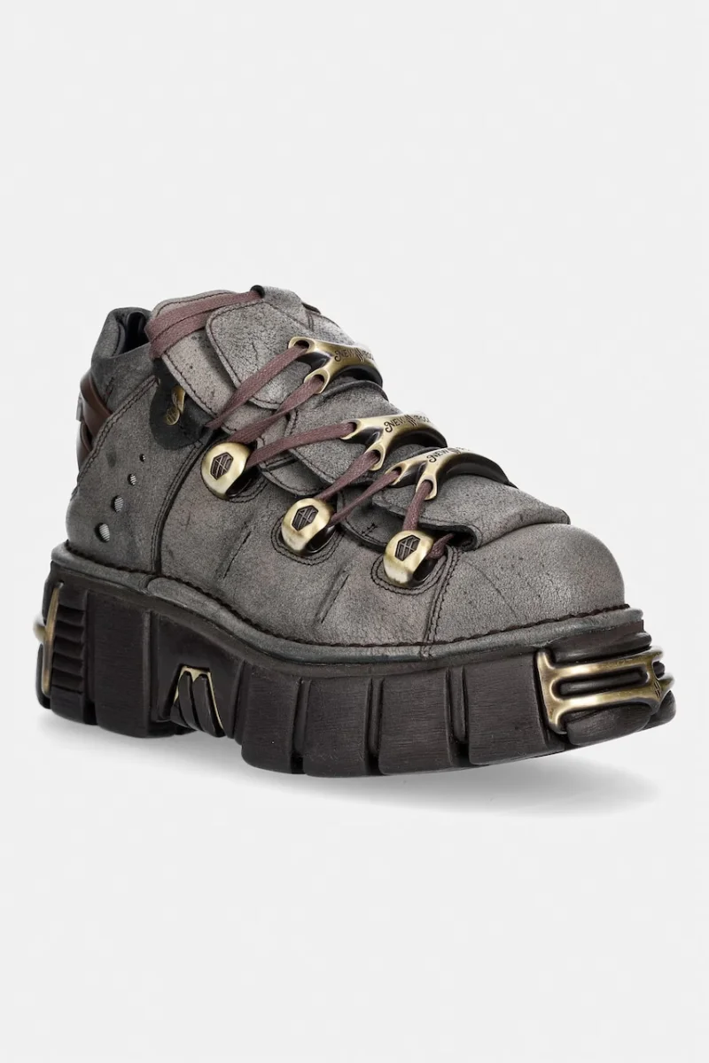 New Rock  bocanci cu platformă pentru femei din piele BUFALO NEGRO CERA HUESO + IMPERFECT TOWER MARRON TORNILLOS