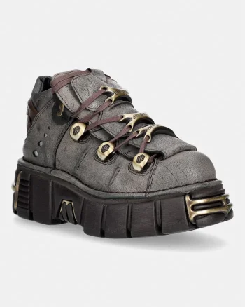New Rock  bocanci cu platformă pentru femei din piele BUFALO NEGRO CERA HUESO + IMPERFECT TOWER MARRON TORNILLOS