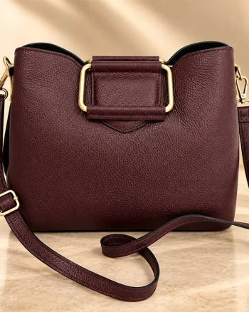Geanta de umar ORVELIA din piele naturala, cu bareta reglabila si detaliu auriu, Made in Italy, Burgundy