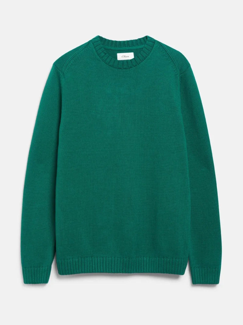 s.Oliver Pulover barbati din bumbac, tricotat fin, cu decolteu la baza gatului, Regular fit, Verde smarald (SELECTATI MARIMEA: S)