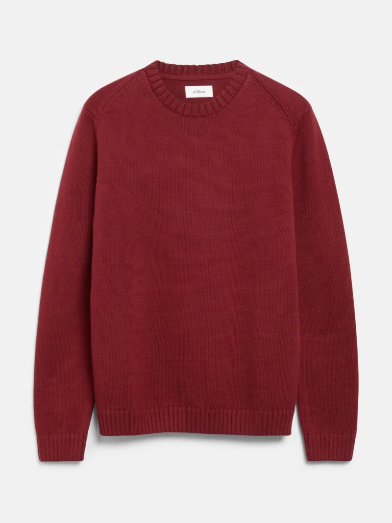 s.Oliver Pulover barbati din bumbac, tricotat fin, cu decolteu la baza gatului, Regular fit, Bordeaux (SELECTATI MARIMEA: S)
